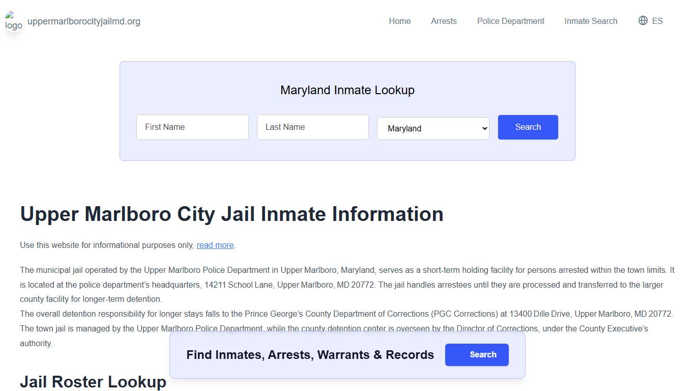 Upper Marlboro Jail, MD Inmate Roster, Municipal Jail Info